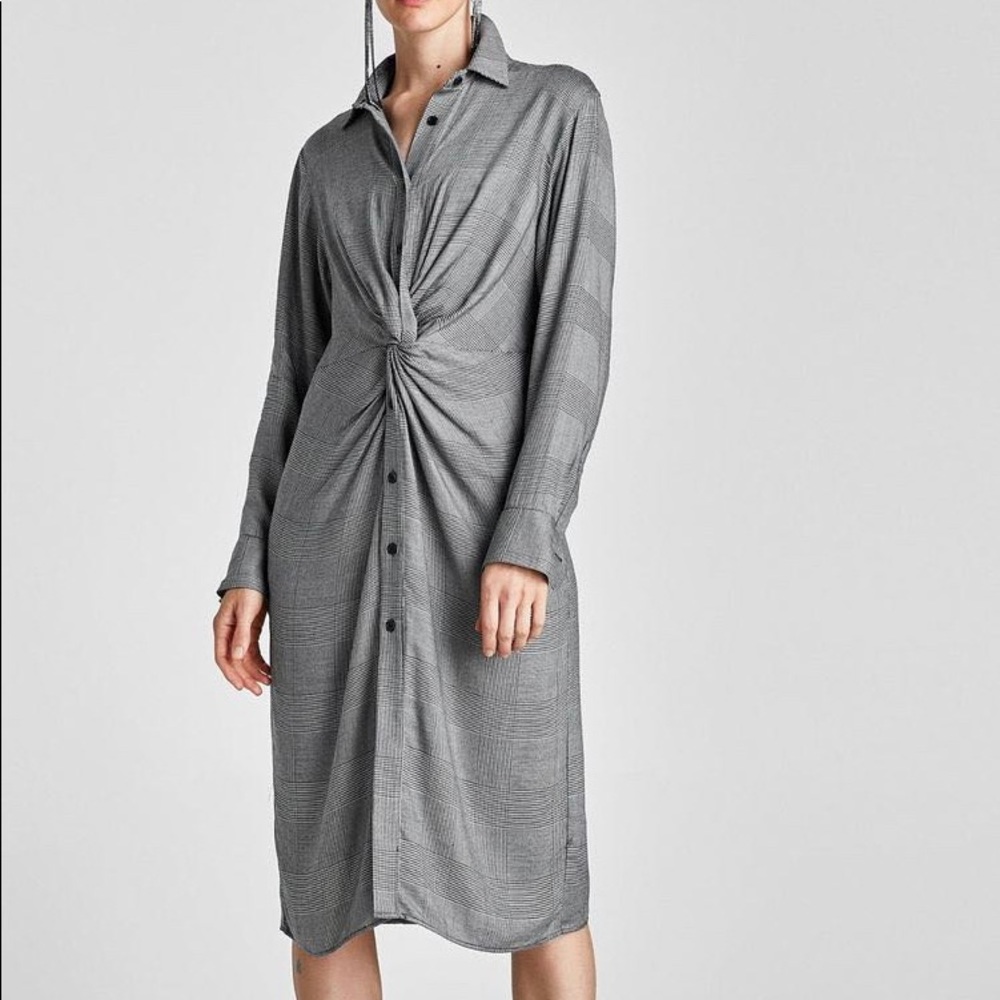 NWT Zara black & white plaid button up shirt dress twist front sz M